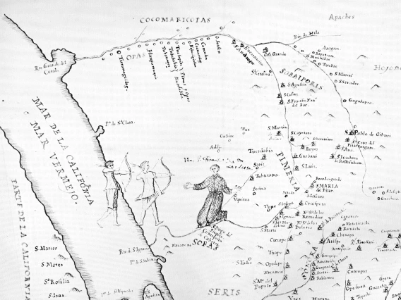 hand drawn map showing a Franciscan priest on his knees while two individuals point bows and arrows at him