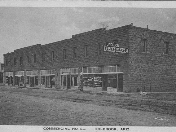 A view of the exterior of the Commercial Hotel in Holbrook, Arizona, in 1950.