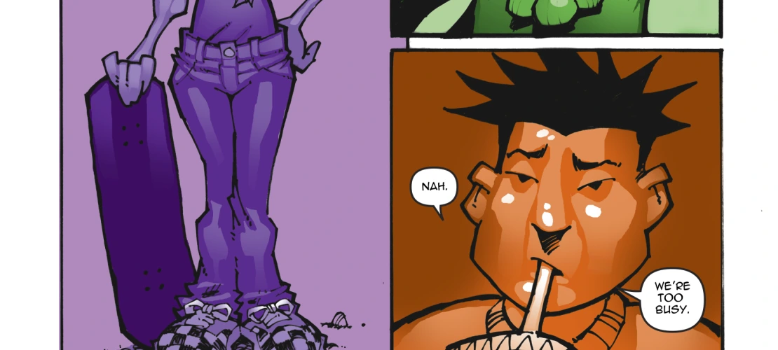 Page 6. Samantha asks the boys to come with her to the skate park, but they don't want to. They say they are too busy.