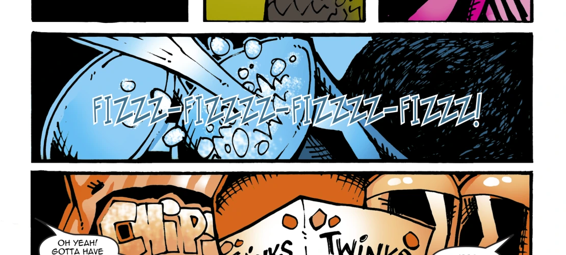 Page 8. They boys turn their attention to raiding the refrigerator for more soda and junk food.