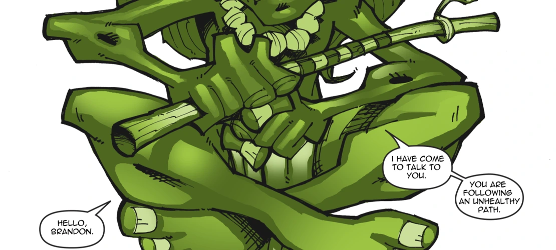 Page 13. Brandon finds himself in unfamiliar surroundings and meets an elder sitting cross-legged in front of him. He does not know the elder but the man knows him and calls him by his name and tells him he has been following an unhealthy path.