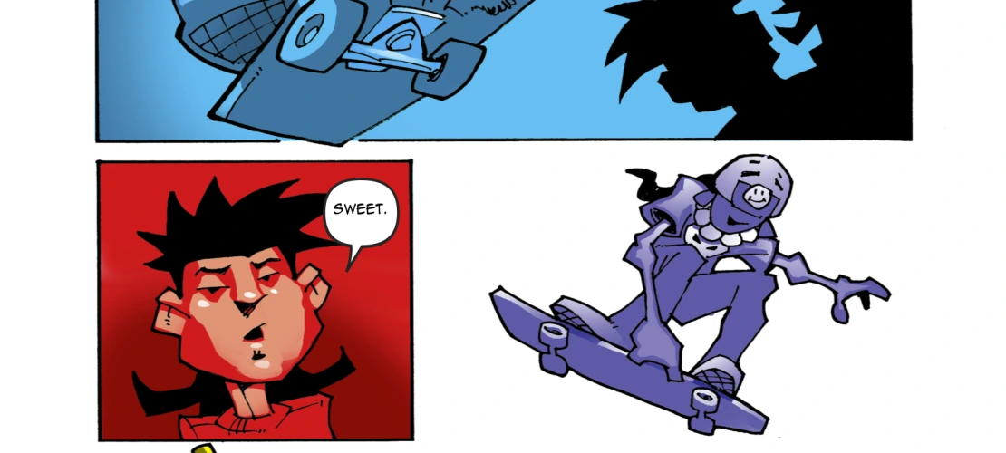 Page 21. Samantha continues to showing her skateboarding skills. They boys are impressed.