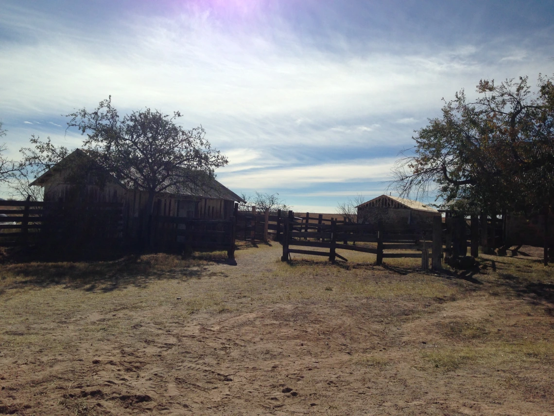 historic ranch setting in southern Arizona, showing two wooden structures behind a wooden fence on grassy land