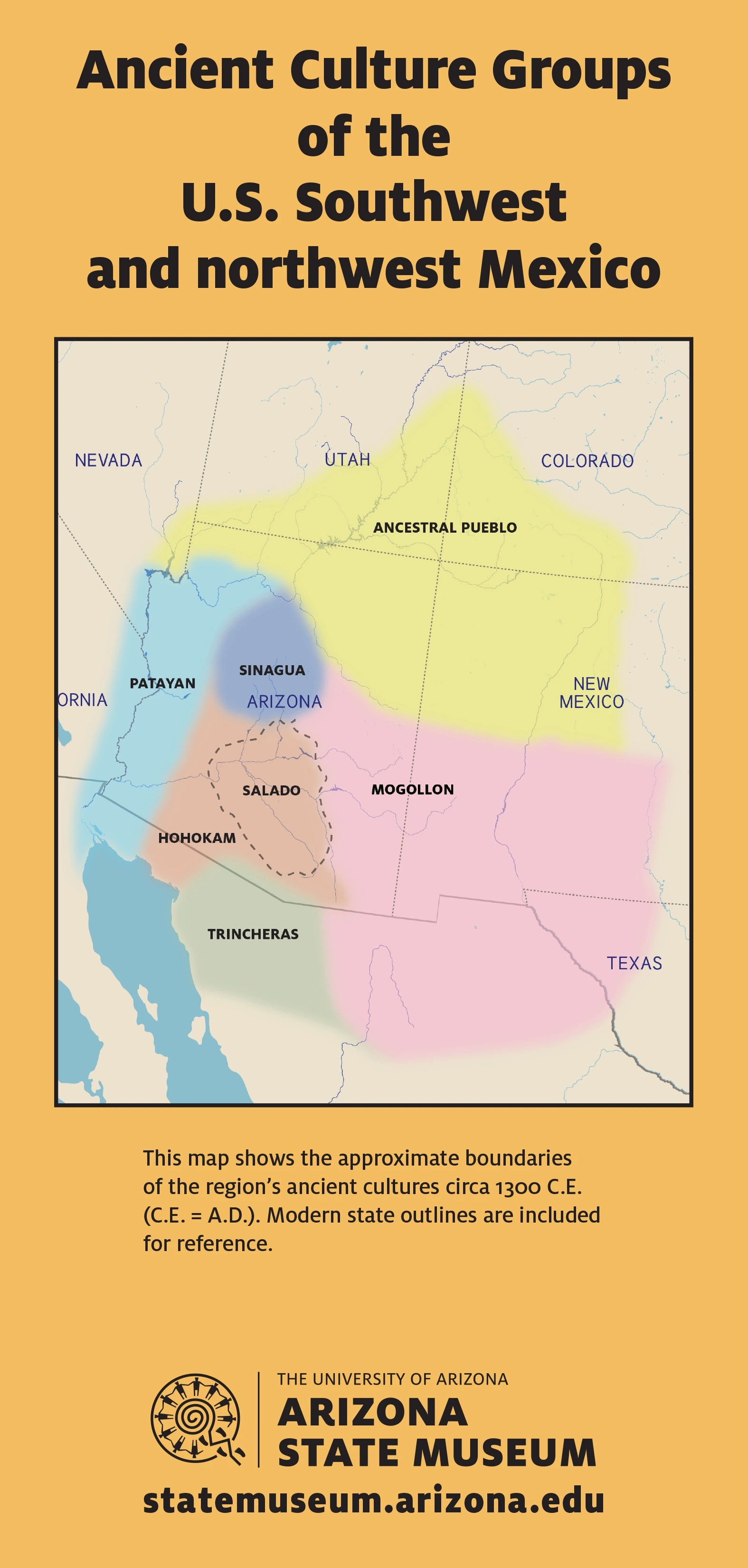 map showing ancient cultures of the Southwest and their boundaries at 1300 CE