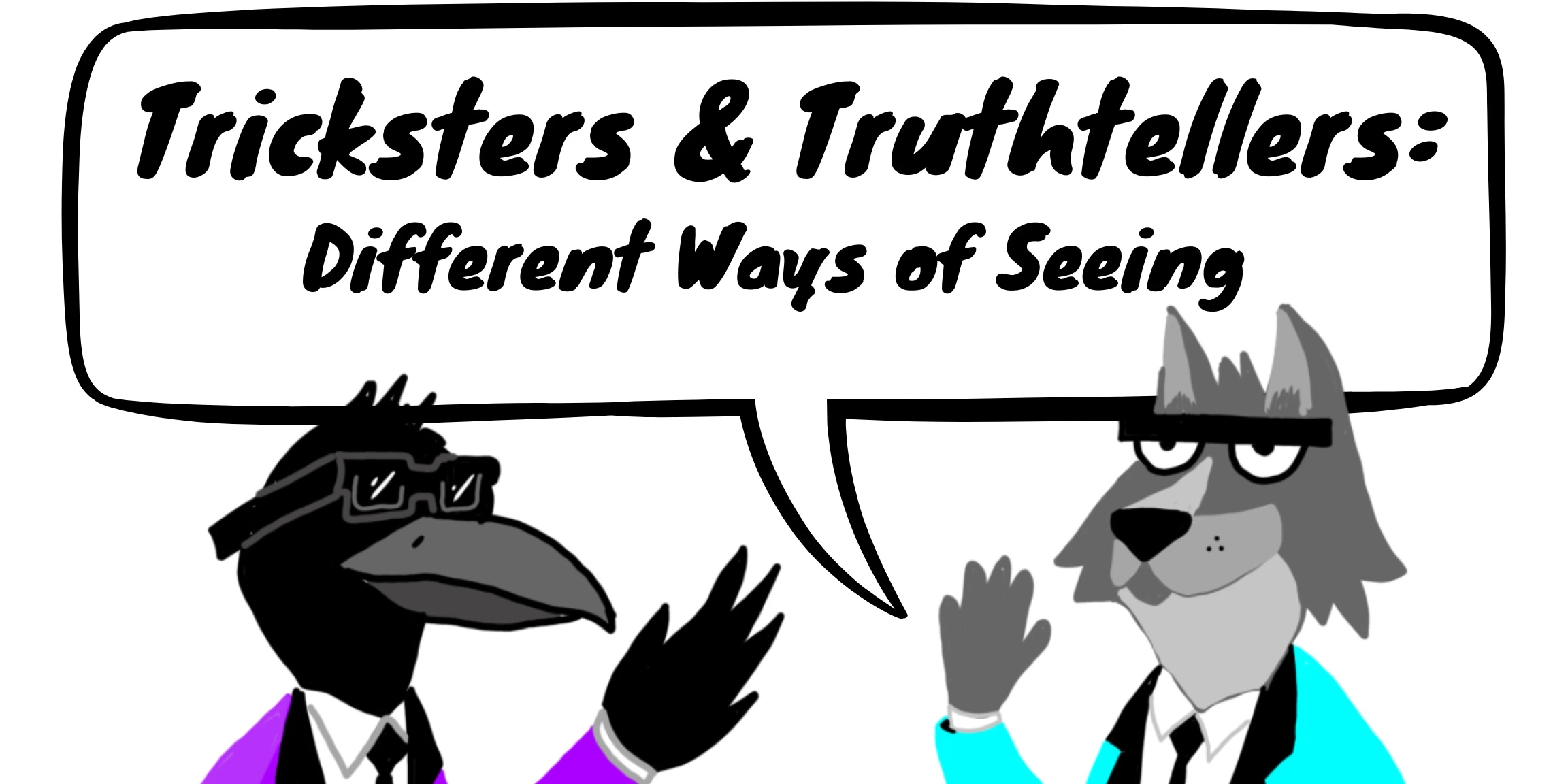 comic-book style illustrations of a raven and a coyote having a conversation